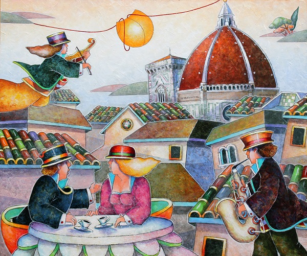 "Caffè tra i tetti" dipinto su tavola cm. 50x60