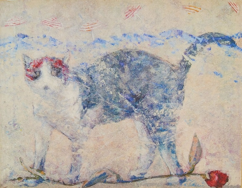 "Gatto e rosa" litografia cm. 34x48