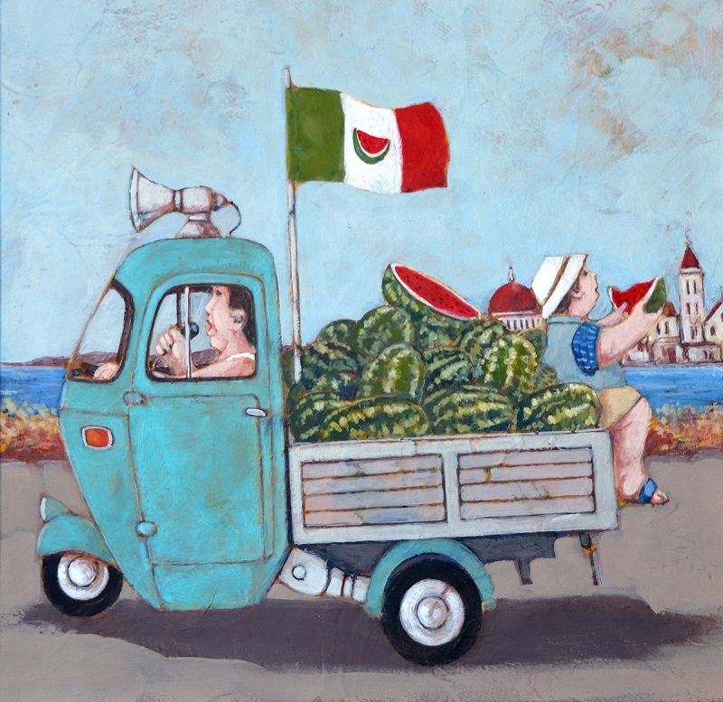 "Italiana cocomeri snc" dipinto su tela cm. 30x30
