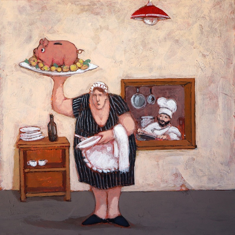 "Porc en terre cuite avec pommes de terre" dipinto su tavola cm. 20x20