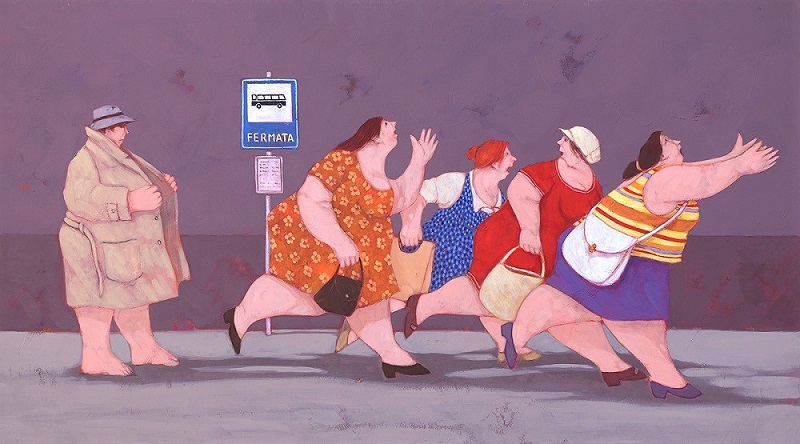 "Sesso e sport alla fermata del Bus" dipinto su tela cm. 90x50