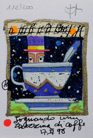 "Sognando una tazzina di caffè" serigrafia polimaterica con interventi in glitter cm. 10x7