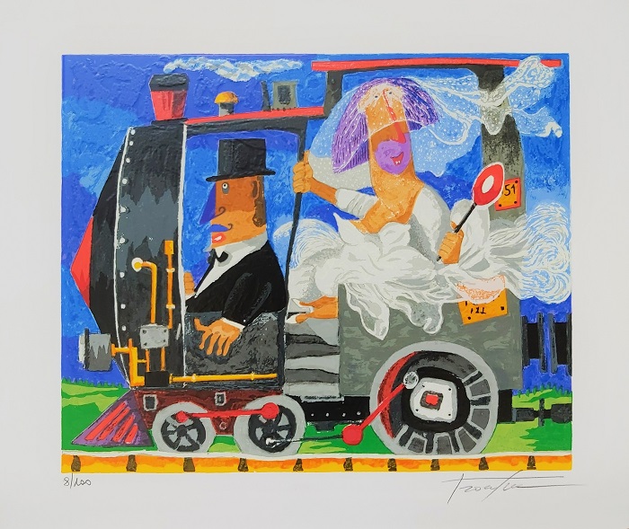 "Sposi in treno" serigrafia polimaterica cm. 30x35