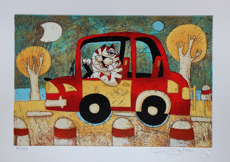 "Gatto in macchina" serigrafia materica cm. 25x35