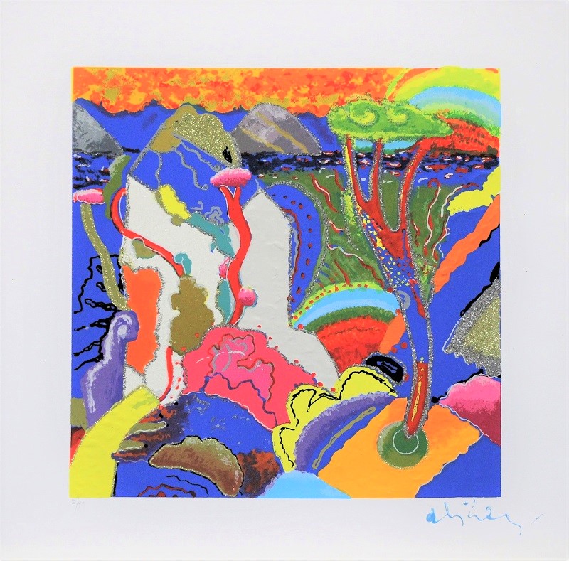 "Paesaggio in blu" serigrafia polimaterica con interventi in sabbie e resine cm. 50x50