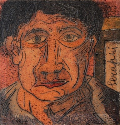 "Autoritratto" dipinto su cartone inciso cm. 10x10