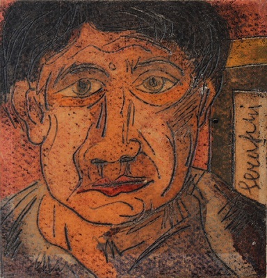 Autoritratto dipinto su cartone inciso cm. 10x10