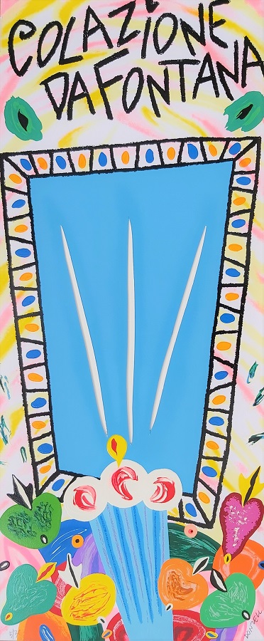 "Colazione celeste da Fontana" serigrafia polimaterica cm. 70x30
