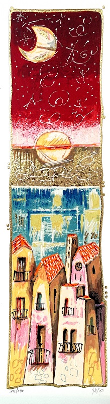 "Rosso di sera" serigrafia polimaterica con interventi in foglia oro cm. 50,5x14,5